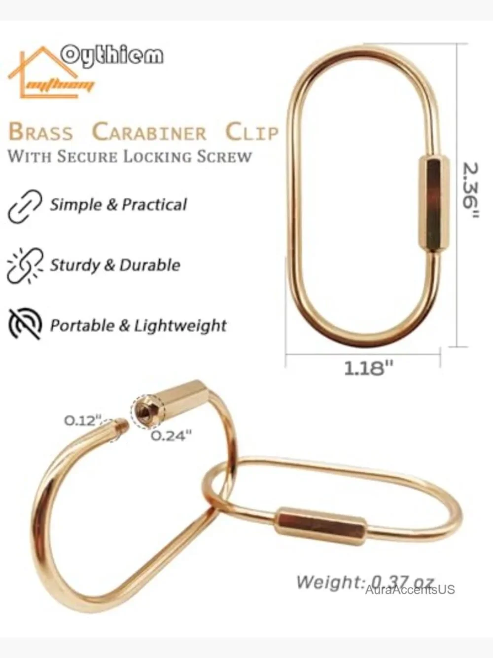 10 Pack Gold Brass Keychains with Carabiner Clip Secure Locking Screw Design